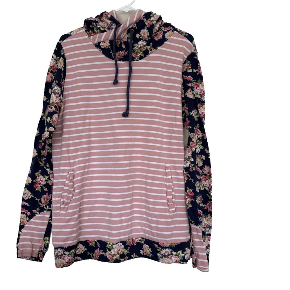 Hazel Blues Stripe Floral Hoodie Sz L Cowl Neck Kangaroo Pocket Cottagecore Boho